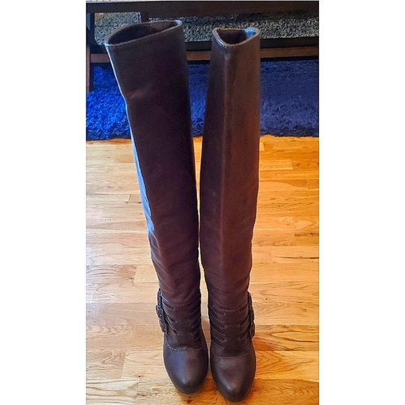 Chloe Three Buckle Wooden Heel Knee-high Leather Boot Size US 7 Brown - Picture 5 of 15